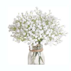 white flowers in a mason jar on a white background