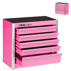 a pink drawer with five drawers on each side and an open drawer in the middle