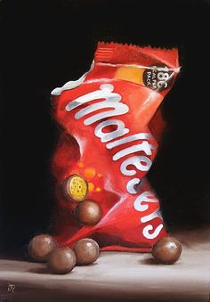 an oil painting of a bag of chocolates on a black background with the word's written in white