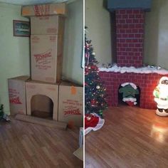 two pictures show the same room with boxes on the floor and christmas tree in the corner