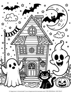 halloween coloring pages for kids with ghost and cat in front of a spooky house