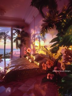 a bed sitting in the middle of a bedroom next to a window with palm trees