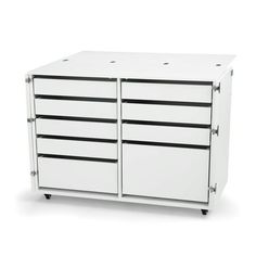 a white cabinet with four drawers on wheels