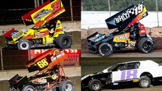 four different pictures of dirt racing cars in various positions, including one with the number six on it