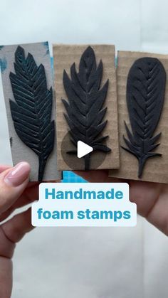 handmade foam stamps with black leaves on them in front of a white background text reads, handmade foam stamps