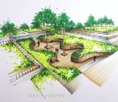 a drawing of a park with benches, trees and plants on the sides of it