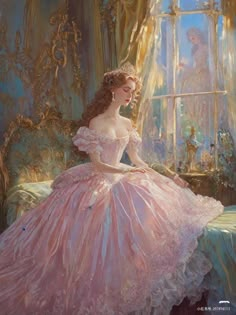 a painting of a woman in a pink dress sitting on a couch looking out the window