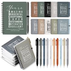 several spiral notebooks and pens with the words you're amazing, wonderful, exceptional