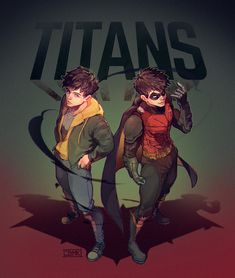 two young men standing next to each other in front of a sign that says titans