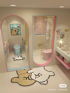 a bathroom with a rug that looks like a cartoon character on the floor and an oval shaped mirror