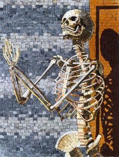 a mosaic image of a skeleton holding a knife