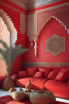 a living room with red walls and furniture