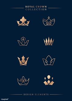 the royal crown collection is shown in gold on a dark background, with different shapes and sizes