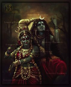 an artistic painting of two people dressed as hindu deities