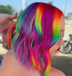 Rainbow Color Block Hair, Bright Rainbow Hair, Rainbow Hair With Bangs, Rainbow Shag Hair, Colourful Shag Hair, Orange Rainbow Hair, Short Rainbow Hair, Dramatic Hair