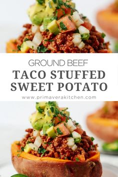 a stuffed sweet potato is topped with taco stuff and garnished with avocado