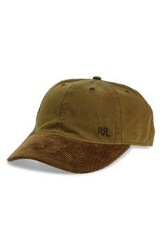 A brim in classic brown corduroy is the perfect rugged match to the olive-hued cotton oil cloth of this retro ball cap. Adjustable back strap Cotton Hand wash, dry flat Imported Retro Ball, Double Rl, Classic Brown, Brown Corduroy, Oil Cloth, Ball Cap, Back Strap, Baseball Cap, Accessories Hats