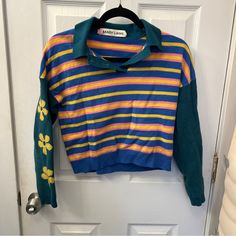 Please Note This Shrunk In The Wash! It Is Marked 38 Which Is A Small And Now Fits More Like Xs 100% Wool Sandy Liang, Yellow Blue, Then And Now, And Now, Blue Yellow, Color Blue, Sweaters For Women, Wool, Yellow