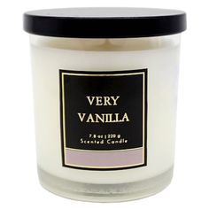 very vanilla scented candle with black lid and pink trim on the front, in a glass jar