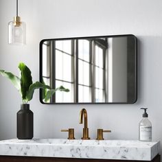 a bathroom sink with a mirror above it and a plant in a vase on the counter