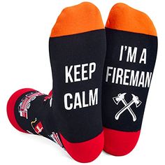 Fireman SocksThe funny saying on the bottom reads "KEEP CALM I'M A FIREMAN." The red firefighting tools stand out against the dark blue background. Wearing these fire socks also serves as a constant reminder of fire safety.Size & PackageOur unisex design fits most men's US size 6-13 feet and most women's US size 7 and up. Each pair of funny socks comes in a plastic zippered bag.Quality MaterialOur novelty socks are made of 80% combed cotton, 17% polyamide, and 3% spandex to ensure they ar... Firefighter Graduation, Nurse Socks, Firefighter Tools, Mens Novelty Socks, Firemen Gifts, Fire Gifts, Black Desktop, Dumpster Fire, Zippered Bag