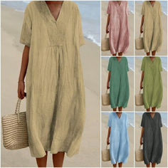 Loose Short Sleeved Solid V-Neck Dress-Buy 2 Free Shipping Solid Dress Casual, Linen Dress Women, Summer Linen Dresses, Boho Summer Dresses, Cotton Linen Dresses, Loose Pullover, Summer Linen, Dress Short Sleeve, Party Dress Long