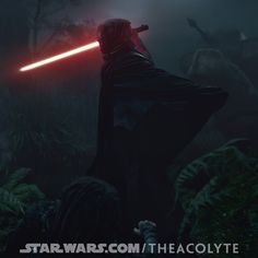 a star wars scene with two lightsabens in the dark forest and one is holding a light saber