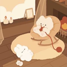 a cartoon character sitting in a rocking chair next to a teddy bear on the floor