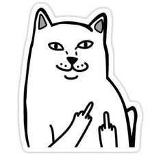 a black and white sticker with a cat on it's face, pointing to the