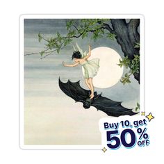 a sticker depicting a fairy on a bat with the moon in the sky behind it