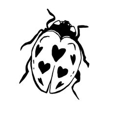 a black and white drawing of a ladybug with hearts on it's back