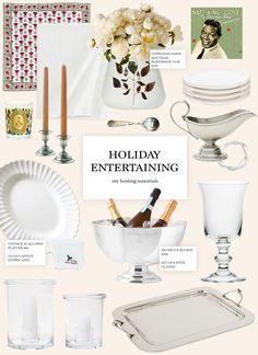 the holiday entertaining package includes champagne, wine glasses, plates and napkins for guests to enjoy