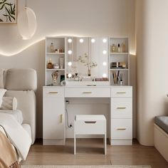 a white dressing table with lights on it in a bedroom next to a bed and window