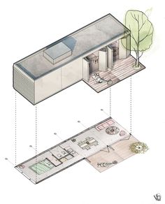 an architectural drawing shows the interior and exterior of a house