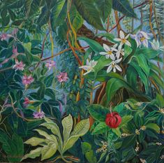 an oil painting of tropical plants and flowers in the jungle with blue sky behind them