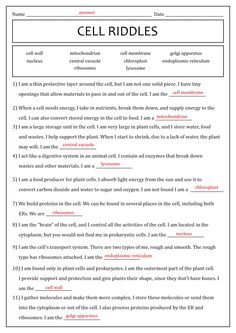 cell riddles with answers and examples to help students understand the cellular structure in this text