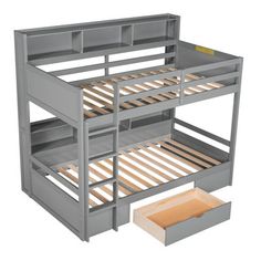 a bunk bed with drawers underneath it and an open drawer under the bottom shelf for storage