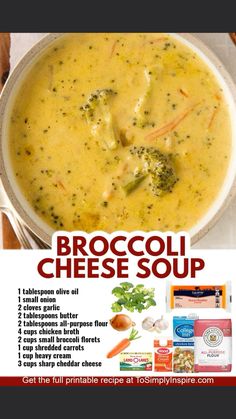 broccoli cheese soup in a white bowl