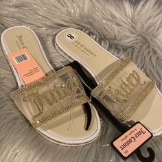 Bnwt Juicy Couture Yves Champagne Slip-On Sandals Women's Size 8 Fast Next Day Shipping Smoke And Pet Free Dressy Sneakers, Leopard Slippers, Sparkly Sandals, White Slippers, Juicy Couture Shoes, Couture Shoes, Suede Slippers, Faux Fur Slippers, Embellished Sandals