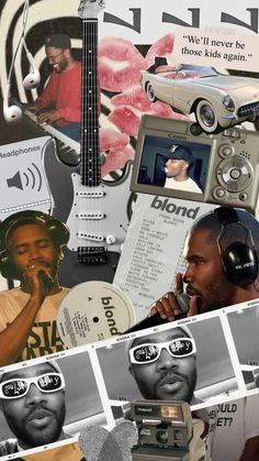 a collage of photos with various music related items