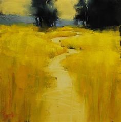 a painting of yellow grass and trees in the distance with a stream running through it