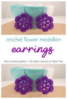 the crochet flower medallion earrings pattern is shown in purple and green, with pearls on