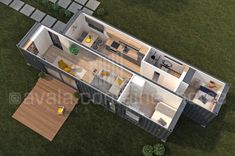 an aerial view of a house made out of shipping containers