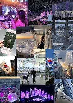 a collage of photos with people and buildings in the background, including an airport