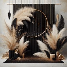 an artistic photo with feathers and a gold circle hanging from the ceiling, on top of a black backdrop