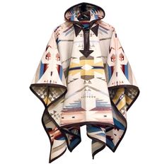 If you're searching for a uniquely stunning western poncho then our White Sands hooded poncho is just the thing ... a perfectly patterned high desert beauty that dazzles. Crafted together with genuine Pendleton® wool, the piece is accentuated with garment weight bison leather trimmed hood and a toggle created from deer shedded antlers. A trip to the dog park, to the store, the club or trail or work, this poncho works just as well by the campfire as it does a black tie event. Yes, that means it's Bison Leather, Rugged Leather, Native American Design, Ladies Poncho, Hooded Poncho, Western Look, Pendleton Wool, Poncho Cape, Black Tie Event