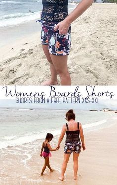 a woman and child walking on the beach with text overlay that says women's board shorts