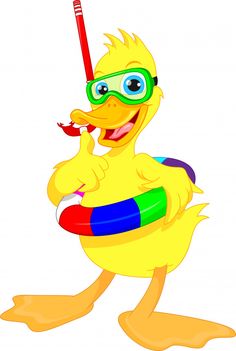 a cartoon duck wearing goggles and holding a life preserver in its beaker