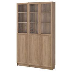 a wooden bookcase with glass doors on the front and bottom shelves, against a white background