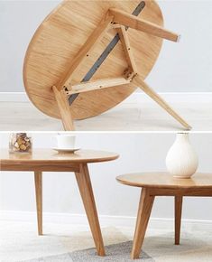 two wooden tables with one holding a knife and the other sitting on top of it